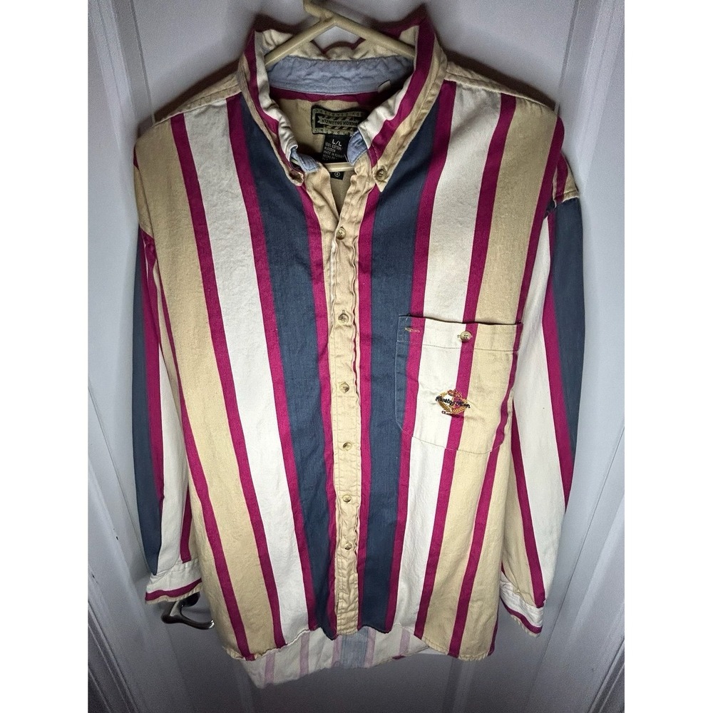 Vintage Color Block Striped Button Down Polo Long Sleeve Shirt Sz Mens Large